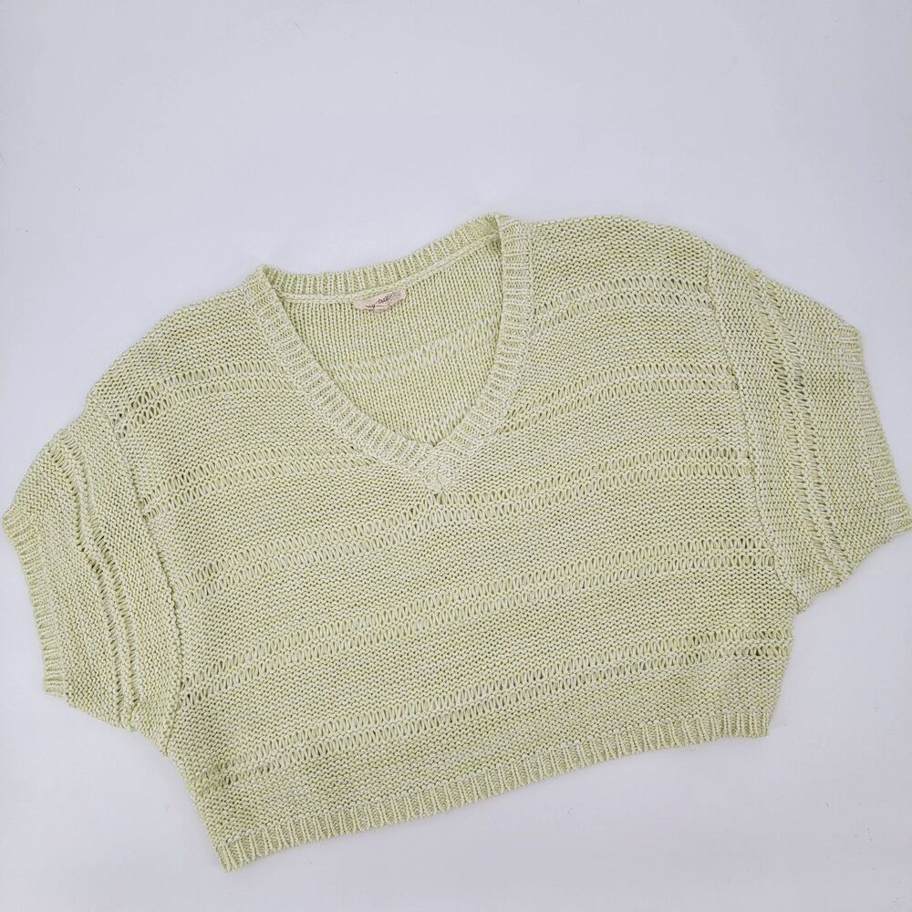 Mystree Women S Green V-neck Short Sleeve Open Knit Crop Oversized Beach Sweater